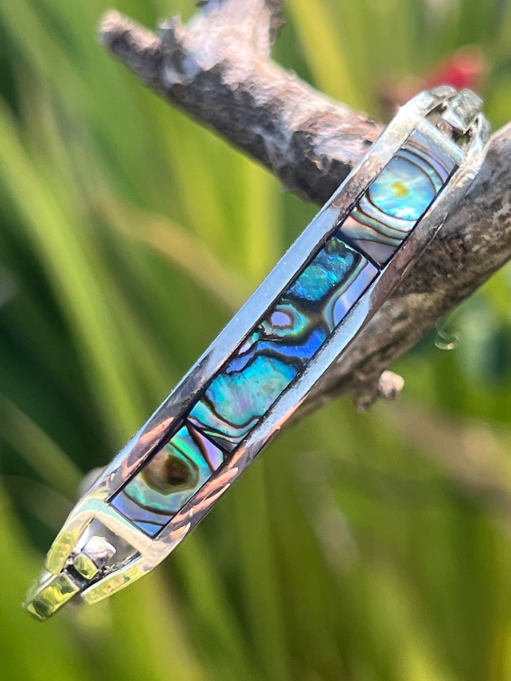 Vintage Alpaca Mexico Abalone Inlay Hinge Bracelet Size 7